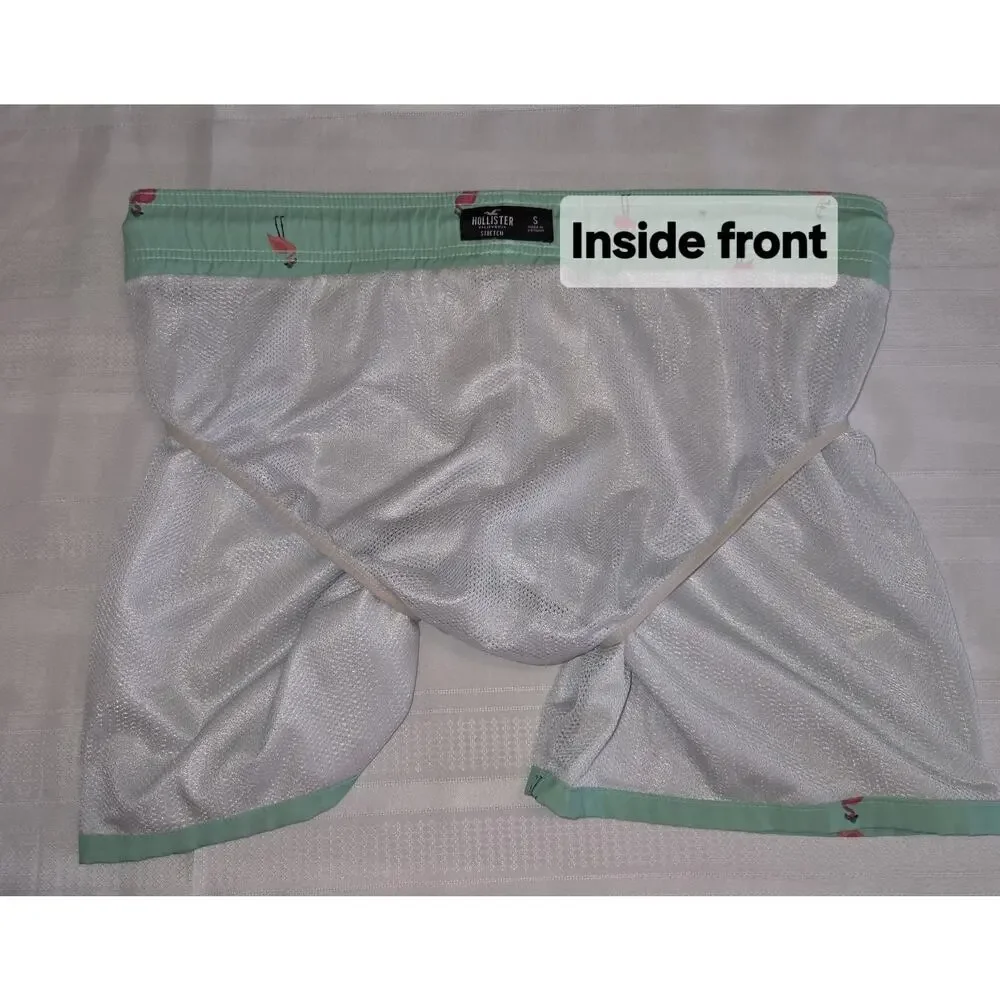 Hollister Mens Swim Trunks Sz S Green Pink Flamingos Lined Swimwear Shorts SMALL - Picture 15 of 16